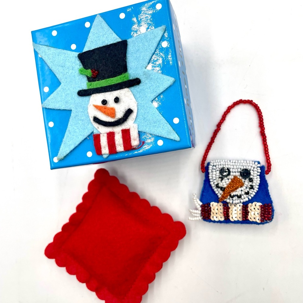 Vintage Michael Simon Christmas Hand Beaded Mini Snowman Purse Ornament with Box